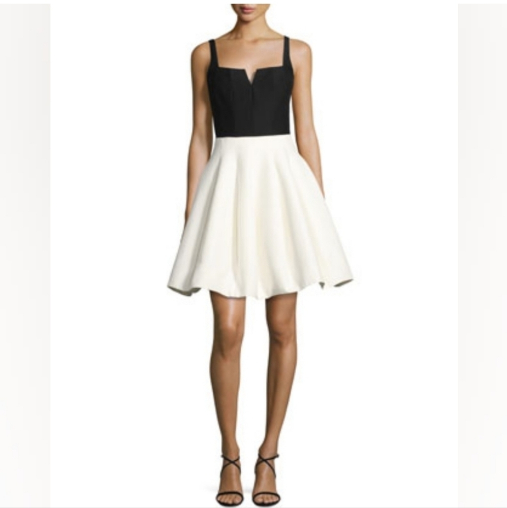 Halston Heritage Black and Cream Pleated Mini Dress